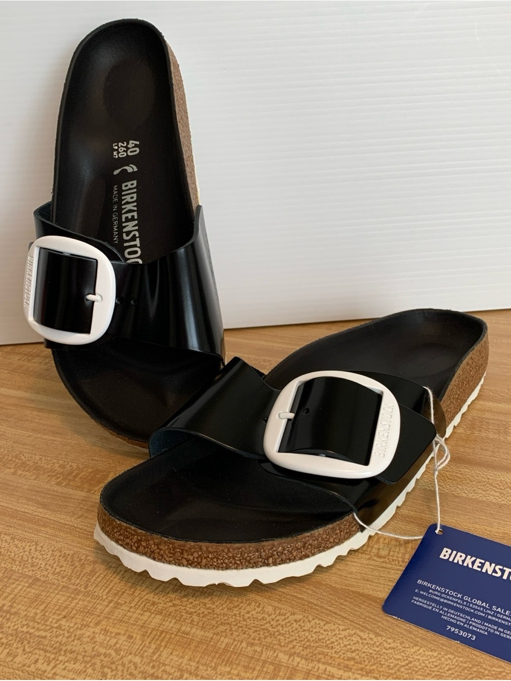 Birkenstock Ladies Size 9 / EU 40 Black Leather Upper Slides with White Buckles